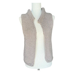 Handmade Womens Knit Vest Boho Open Front Cable Oatmeal Tan Medium M